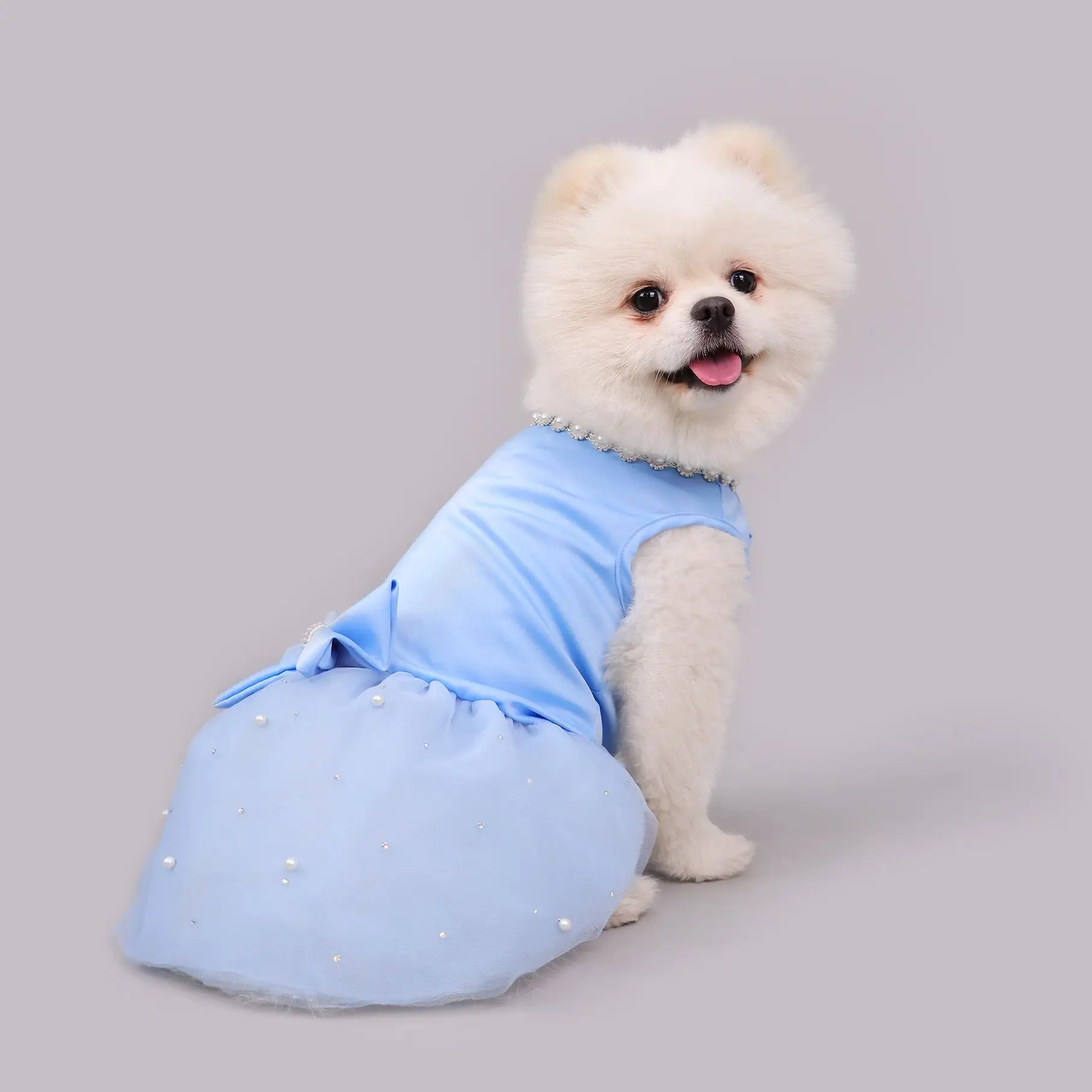 Elegante vestido azul para perro con perlas y diamantes de imitación, vestido de novia con nudo de lazo para niña y cachorro, traje para gato de San Valentín, vestido de fiesta elegante para mascotas
