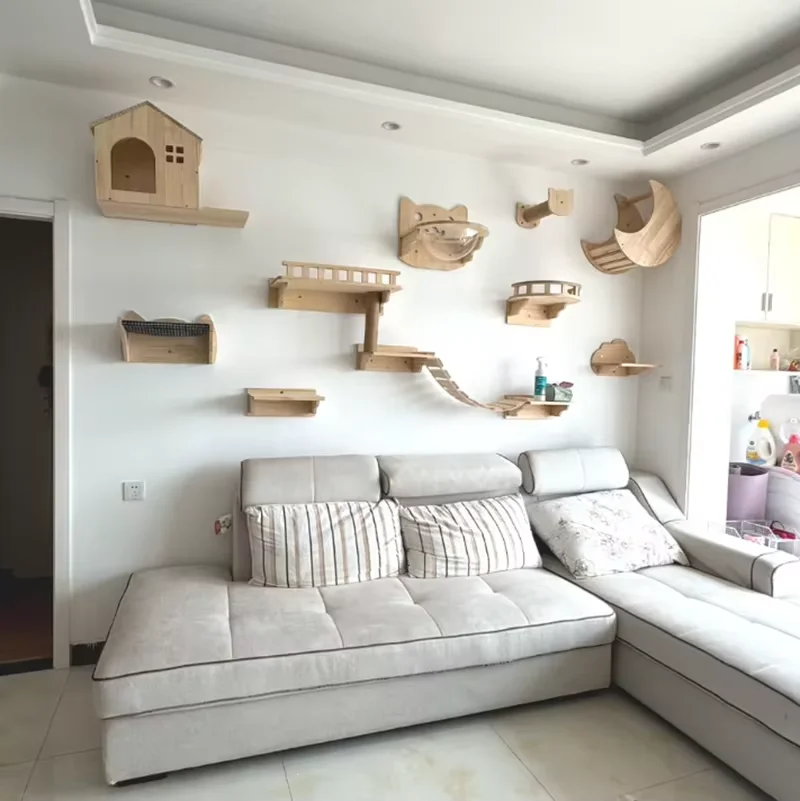 Árbol para gatos, marco de escalada para gatos montado en la pared, poste rascador de madera para gatos, hamaca y caja de arena para gatitos, perca para dormir, puente para gatos
