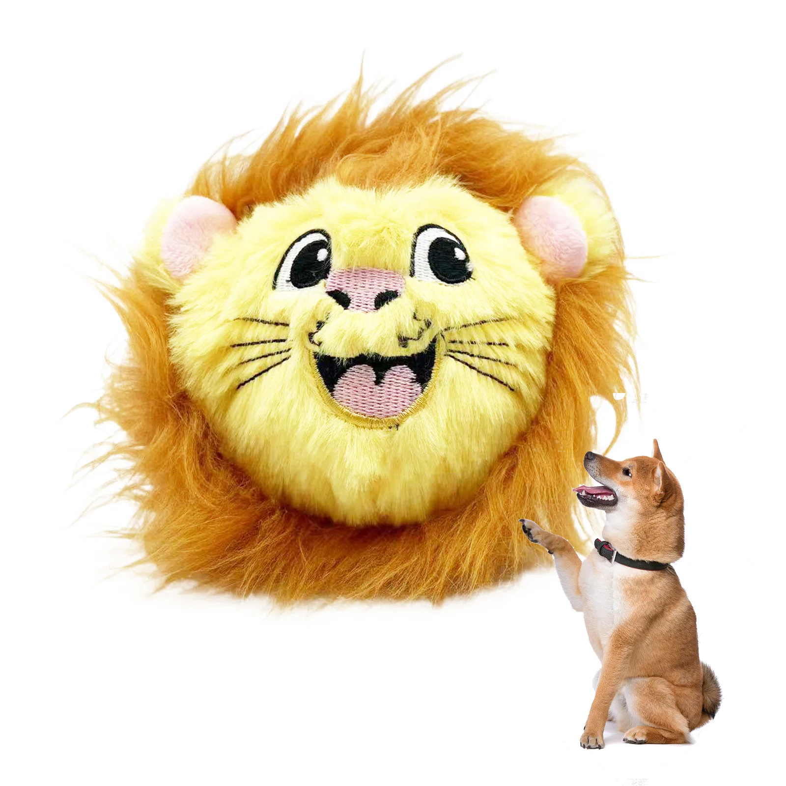 Lindo perro mascota de peluche con bola de púas, juguete con sonido, león amarillo alivia el aburrimiento y acompaña perros de tamaño mediano a grande