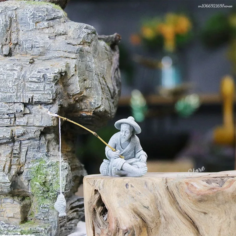 Decoración de pecera, piedra arenisca de pesca sentada, adorno Vintage, Mini estatua de pescador, decoración asiática para habitación Zen, 1 ud. - imagen 4