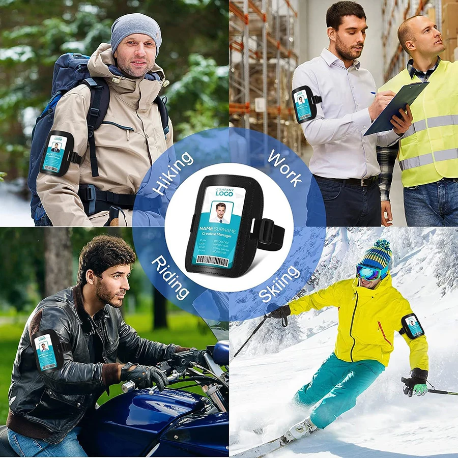 Bandas de brazo horizontales de cuero PU de alta calidad, funda para Tarjeta De Nombre ajustable impermeable, funda elástica para tarjeta de paso