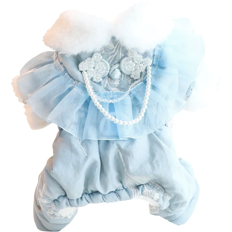 Nueva ropa de Otoño Invierno para perros, abrigo de algodón grueso y cálido para perros con cuello de piel sintética, ropa de princesa para perros pequeños - imagen 5