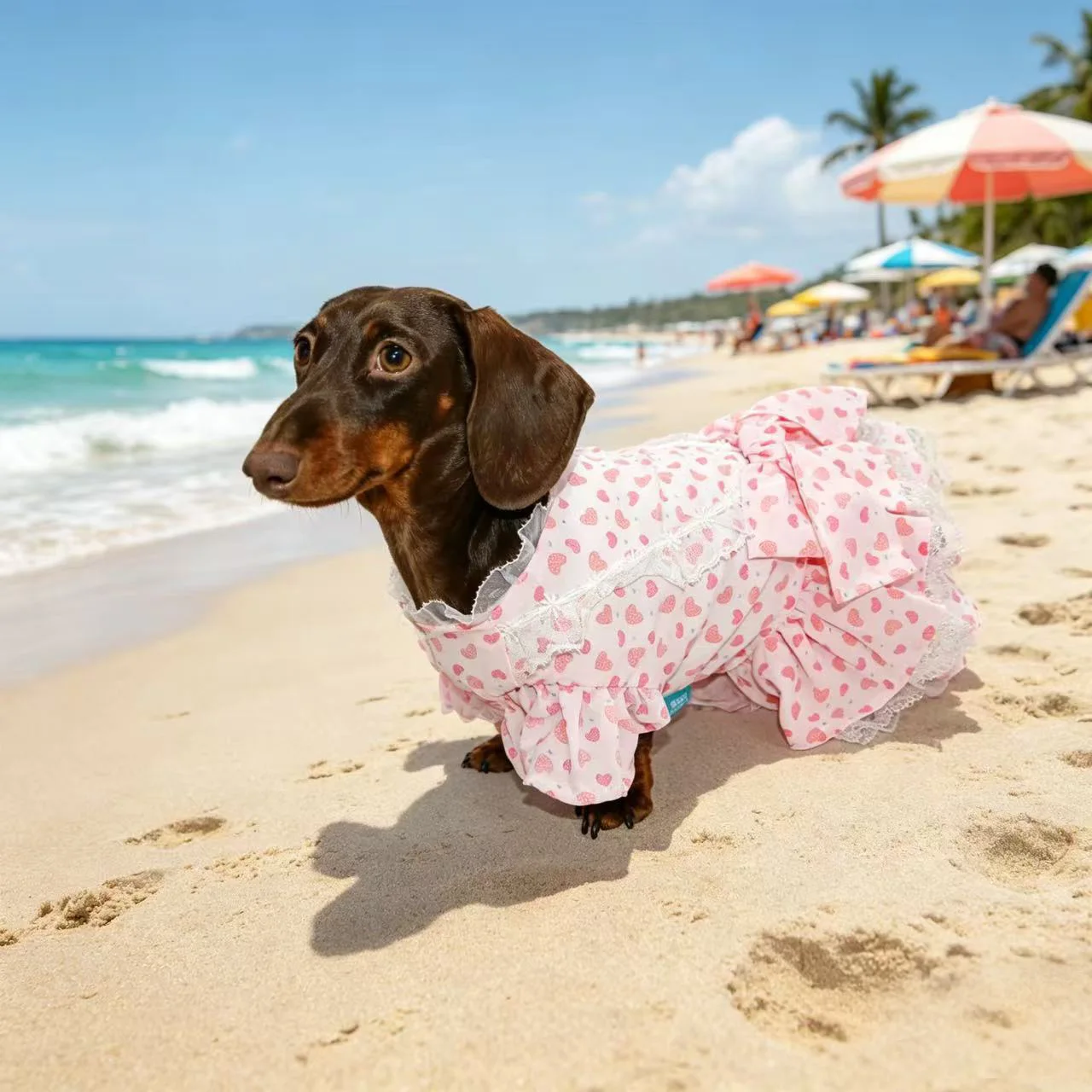Vestido floral verano para perro salchicha: lazo rosa y azul - imagen 3