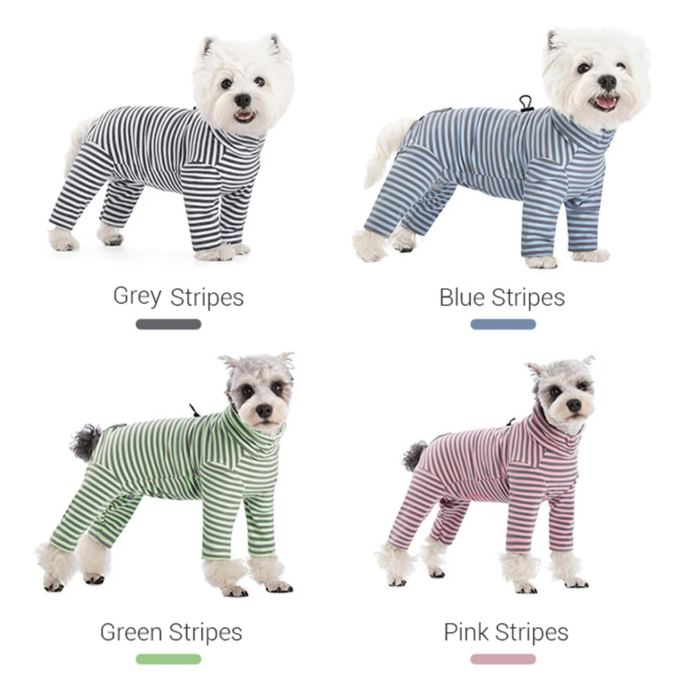 Pijamas para perros, ropa para perros pequeños con estómago completamente cerrado, camisetas interiores de terciopelo cálidas a prueba de viento para mascotas, mono ajustable a rayas para cachorros - imagen 5