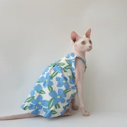 Falda floral de algodón naranja para gato Sphynx Vestido dulce azul de verano para gato sin pelo Camisola suave y transpirable para gatitos