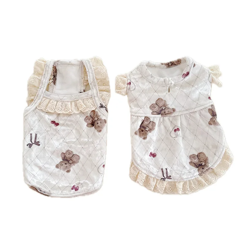 Chaleco de encaje de oso de peluche para mascotas, bonito vestido, pijamas para perros y gatos, encaje de terciopelo dorado para otoño e invierno, chaleco de terciopelo para el hogar, falda de manga voladora - imagen 5