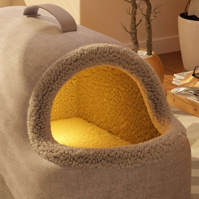 Cama calefactora para gatos, cama cálida para gatos de invierno, semicerrada, suave, portátil, antideslizante, resistente al desgaste, a prueba de viento, casa para mascotas interior - imagen 5