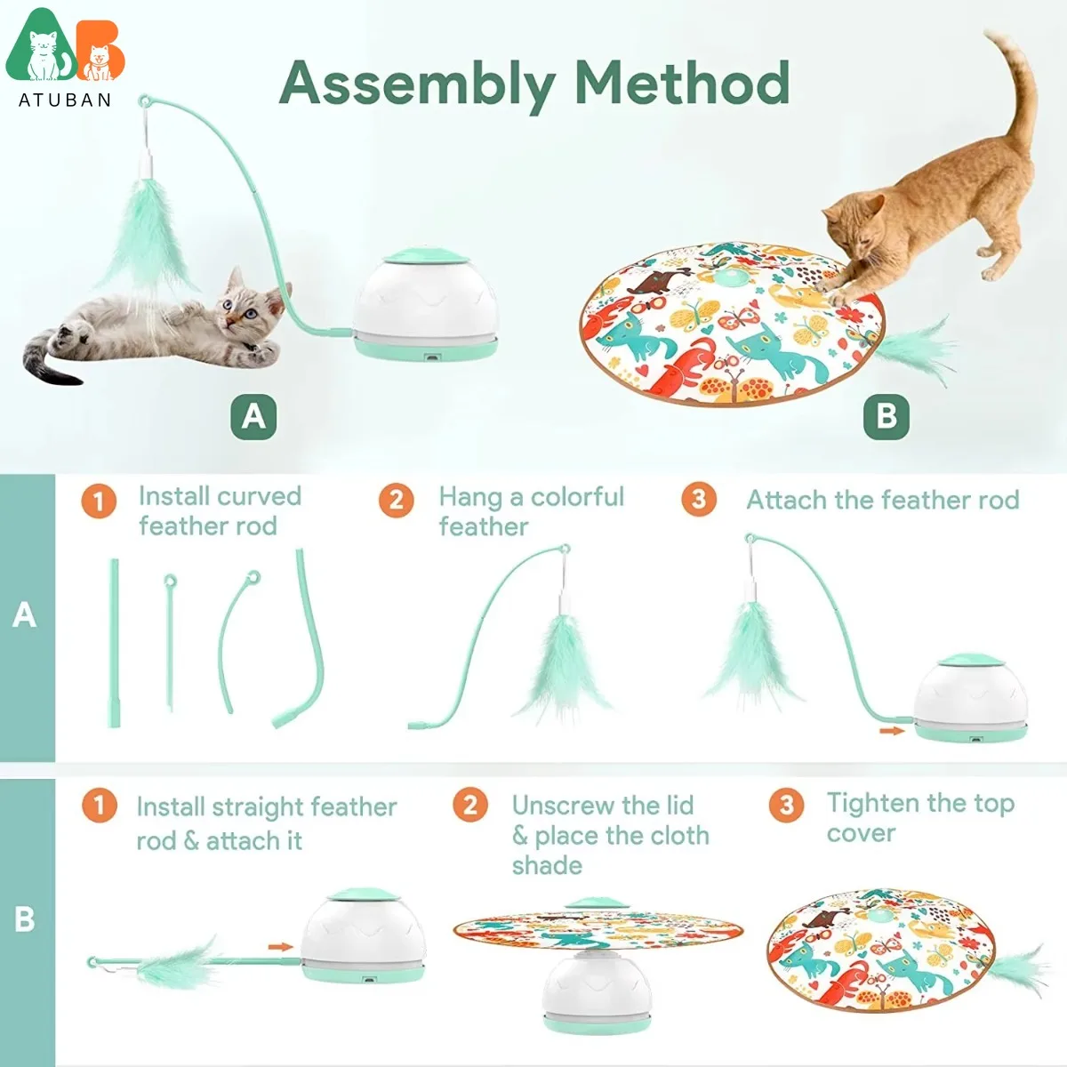 ATUBAN-juguetes para gatos de movimiento automático, varita de juguete motorizada interactiva de 4 modos, 3 plumas, ejercicio electrónico, juguete para mascotas para gatos de interior - imagen 2