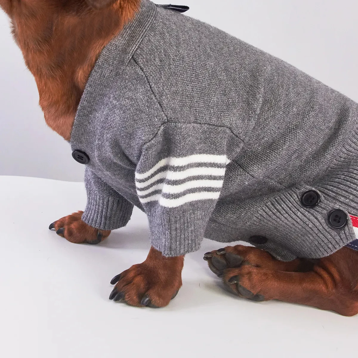 Chaqueta a rayas grises para perro Wiener en invierno, abrigo cálido de manga larga para perros tejón, cárdigan suave, ropa de descanso para perros salchicha - imagen 4