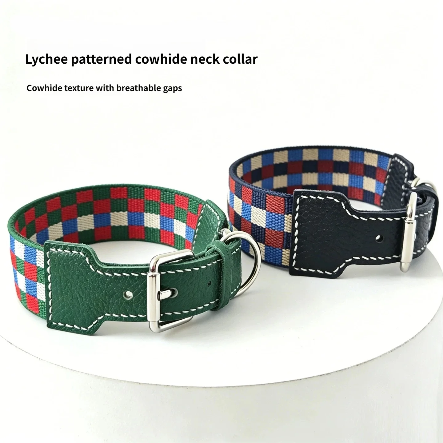 Collar y correa de cuero genuino para perro – Estilo bohemio a cuadros - imagen 5