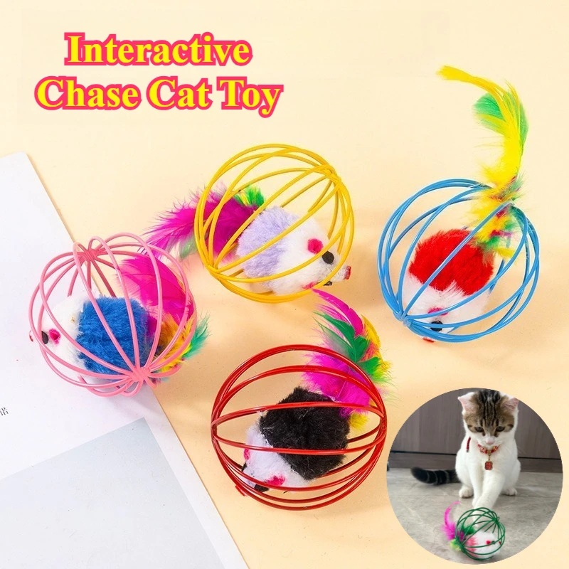 Juguete para gato con forma de jaula y ratón con cola de plumas, juguete interactivo colorido para perseguir, juguete con bola rodante, 1 pieza de accesorios para gatos de Color aleatorio - imagen 2