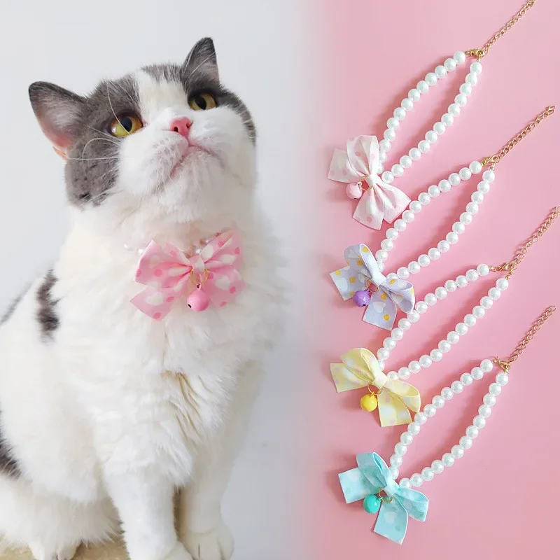 Collar con lazo para gato, Collar de perlas para mascotas, joyería para perros y gatos, campanas, productos para mascotas, regalo de cumpleaños para perros, accesorios de boda