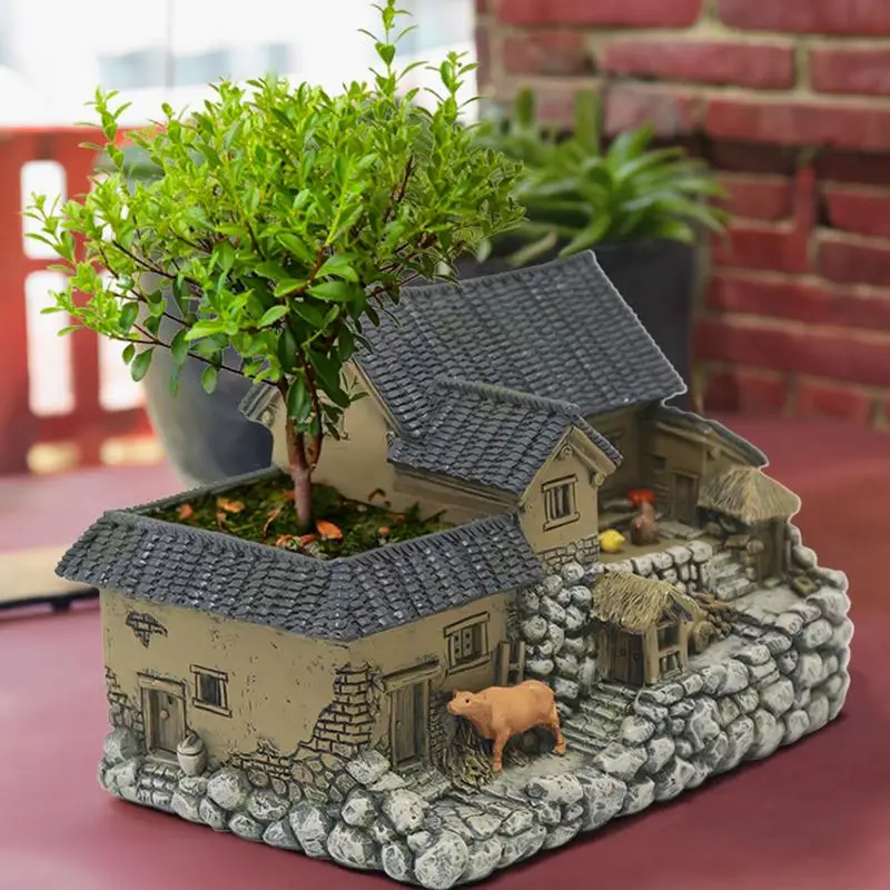 Casa de cabaña en miniatura, maceta suculenta rústica de resina, maceta de cabina de resina multifuncional para plantas suculentas, patio - imagen 3