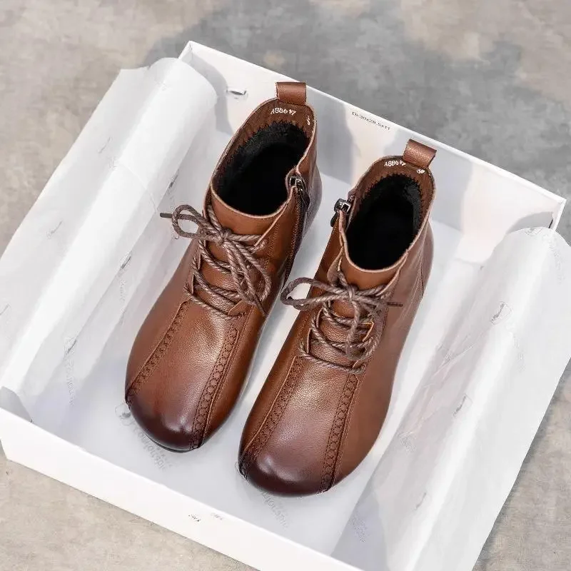 Botas cortas Retro para mujer, zapatos de mamá con forro polar y tacón medio de fondo suave para primavera y otoño, botines de goma hasta el tobillo