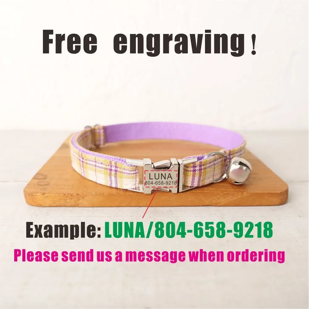 Collar de gato personalizado con grabado gratuito, correa para mascotas a juego, hebilla de Metal de contactos personalizados, Collar para mascotas a cuadros - imagen 4