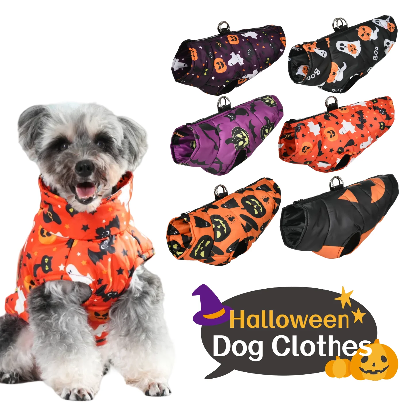Chaqueta de perro de Halloween para perros pequeños y medianos, disfraz de fiesta para cachorros, abrigo cálido con estampado de calabaza para mascotas, chaleco bonito Schnauzer Chihuahua