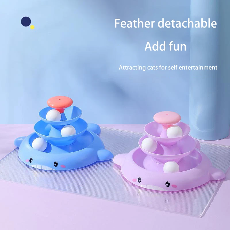 Juguete para gatos de 4 niveles, Torre giratoria, bolas de rodillo, juguetes autointeractivos para gatitos, diseño de ballena con plumas, palo divertido para gatos - imagen 3