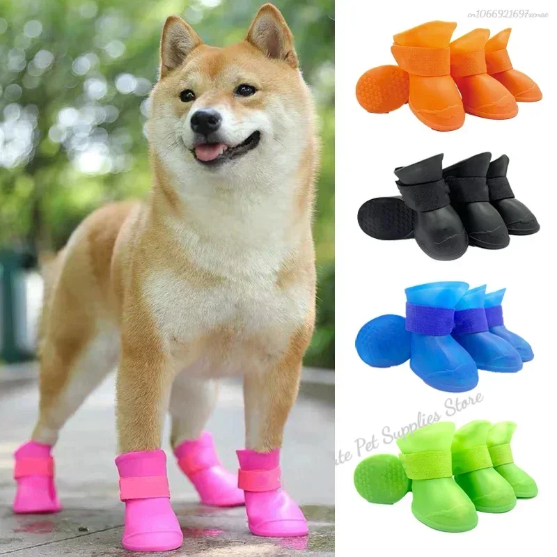Botas de goma antideslizantes para mascotas, impermeables, 4 piezas, para perros pequeños, medianos y grandes, botines para exteriores, accesorios para mascotas - imagen 2