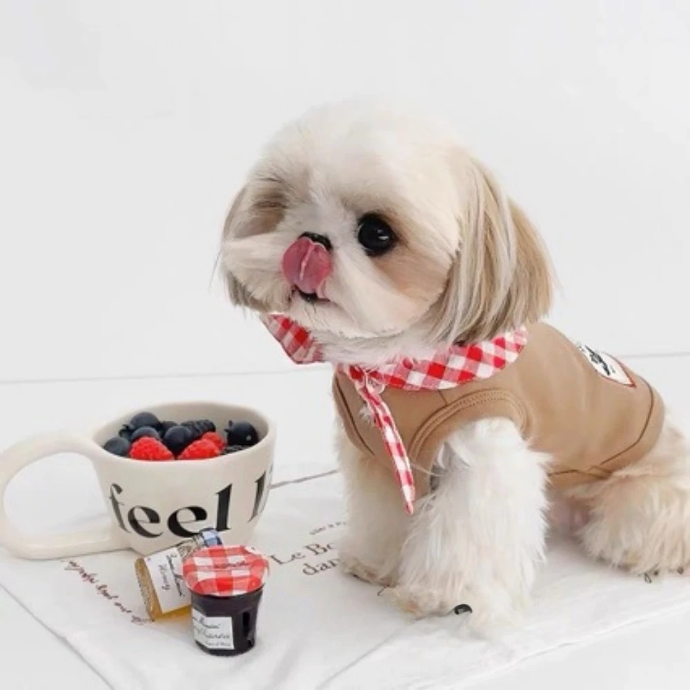 Elementos esenciales para mascotas de primavera/verano: camiseta sin mangas con cuello a cuadros y camisa con base de peluche suave, imprescindible tener ropa para perros pequeños - imagen 3