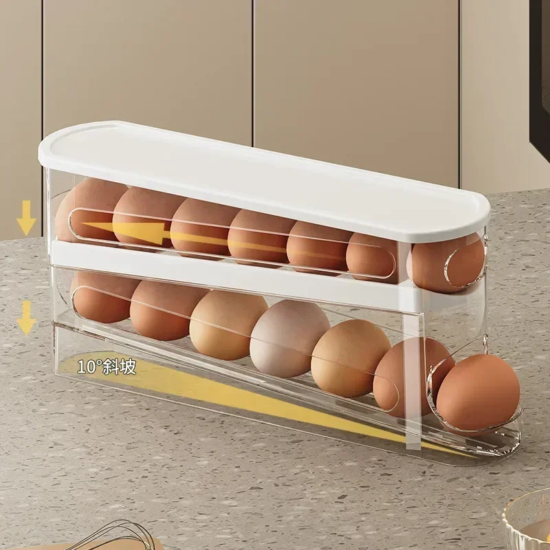 Caja de almacenamiento de huevos para nevera bicapa, soporte automático para huevos rodante, estante estilo escalera, dispensador de huevos para refrigerador, soporte organizador de huevos - imagen 4