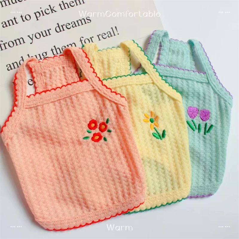 Camiseta bordada de flores para perros, chaleco transpirable de verano y primavera con esfinge para gatos, monos románticos, ropa para mascotas, ropa para perros Chihuahua