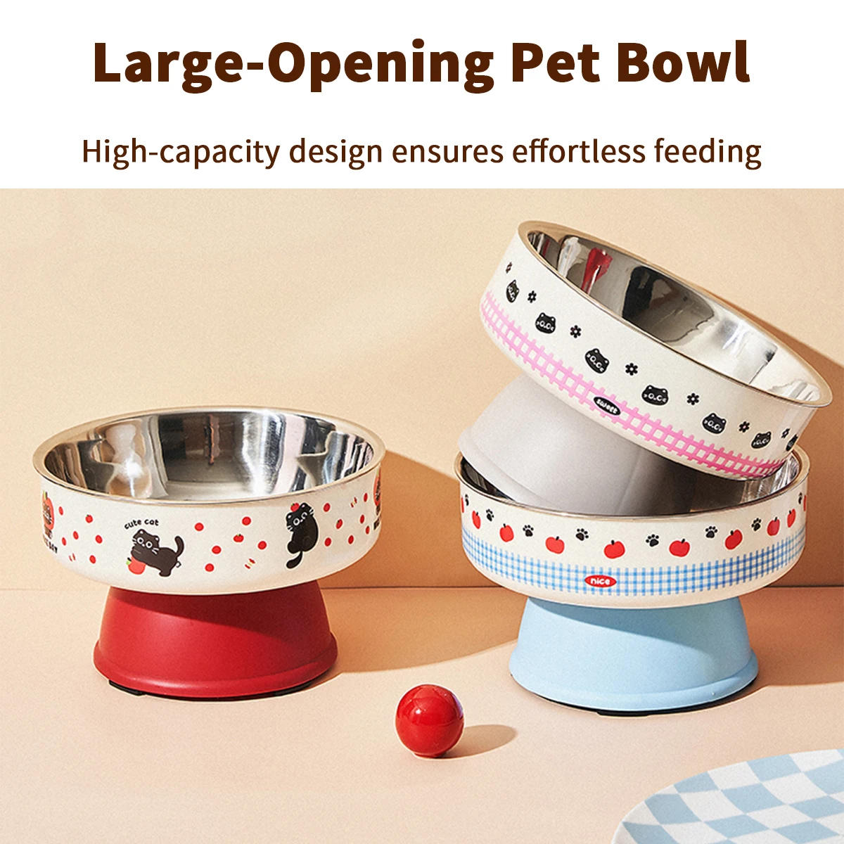 One piece of pet stainless steel high-foot bowl, colorful cartoon pattern single bowl, anti-black mouth, cervical vertebra prote