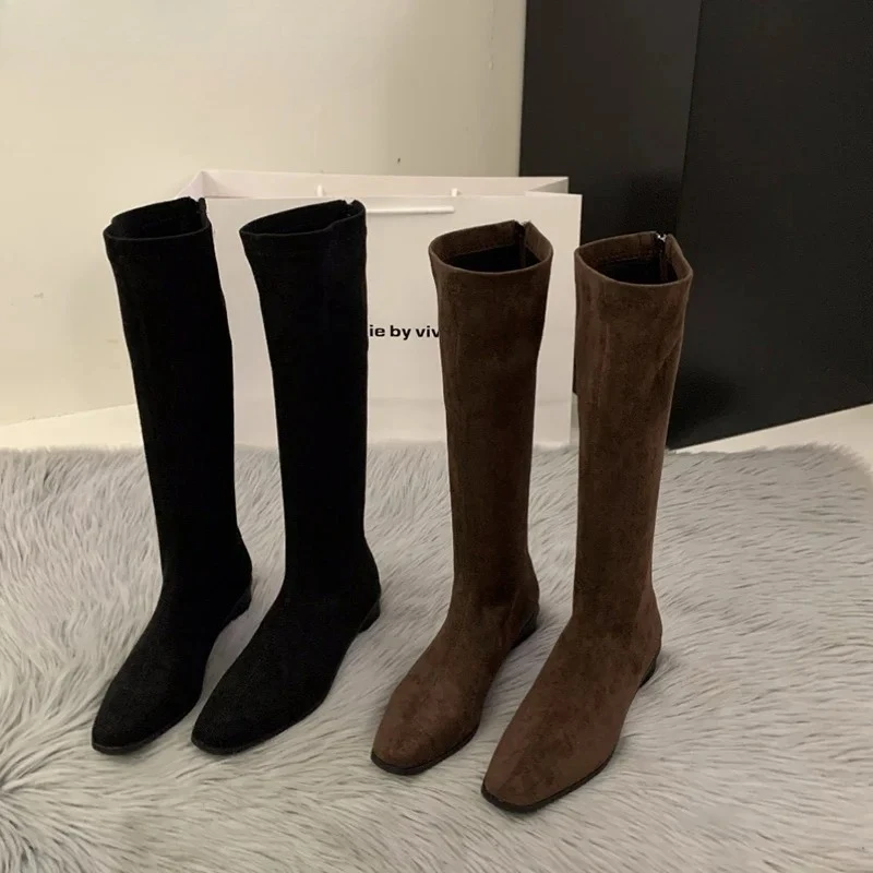 Botas hasta la rodilla Vintage De diseñador para Mujer, zapatos De tacón bajo cuadrados a la moda, Botas largas ajustadas y concisas para Mujer - imagen 2