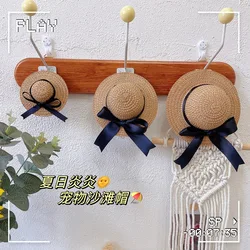 Sombrero de paja tejido de ratán para mascotas, sombrero de playa con lazo hecho a mano para perros y gatos, accesorios para perros pequeños y cachorros