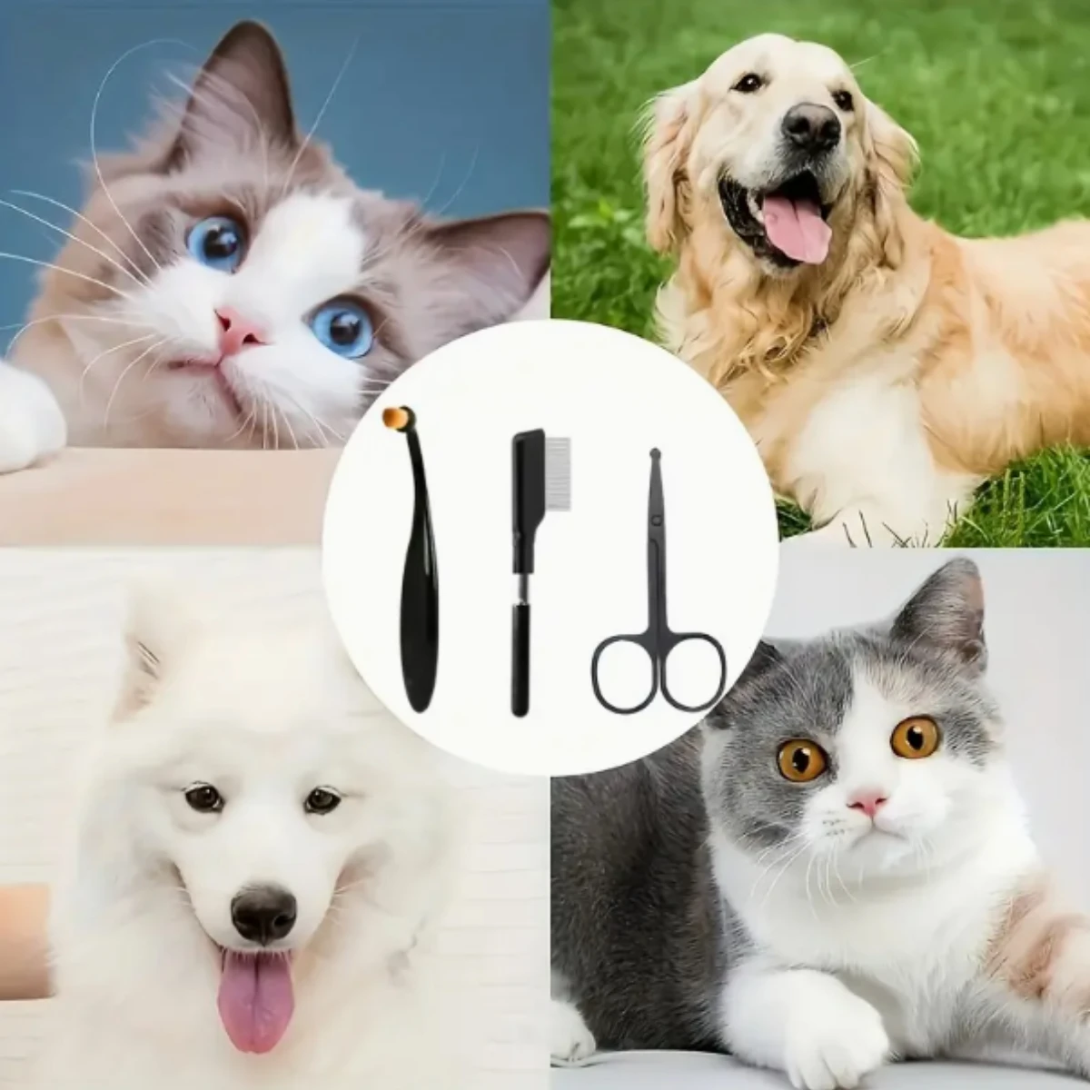 Kit de aseo para mascotas de 3 piezas, tijeras tres en uno, peine y juego de cepillos |   Herramienta eficiente para limpieza de manchas y recortar el pelo de perros - imagen 5