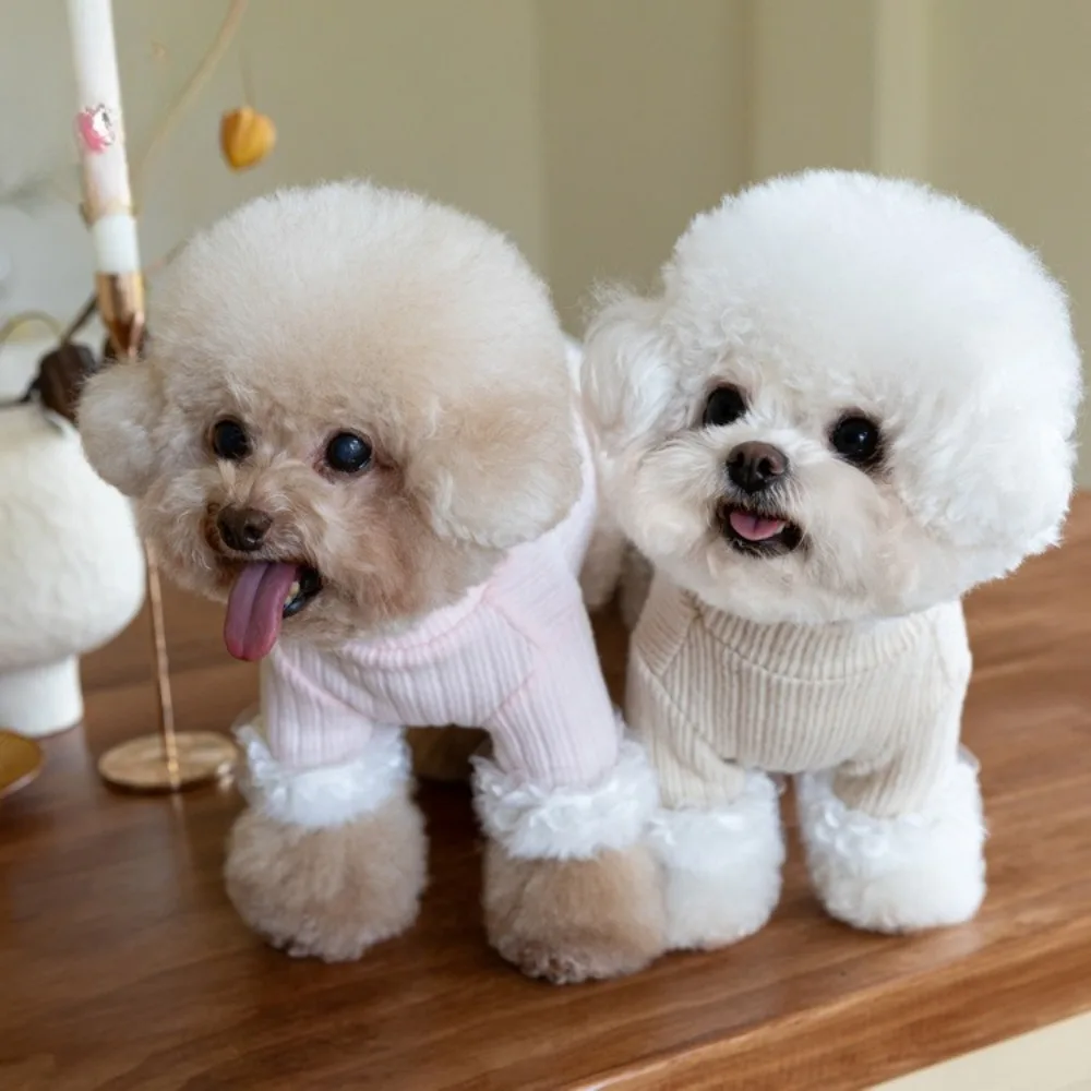 Suéter de cuello alto de felpa para otoño/invierno para mascotas, puños de pelo de conejo de encaje cálido, suéter Base de peluche para gatos, ropa para perros pequeños - imagen 2