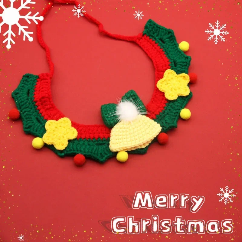 Decoración navideña para mascotas, Collar de corona de ganchillo con campana, accesorio festivo de hilo hecho a mano para perros y gatos - imagen 2