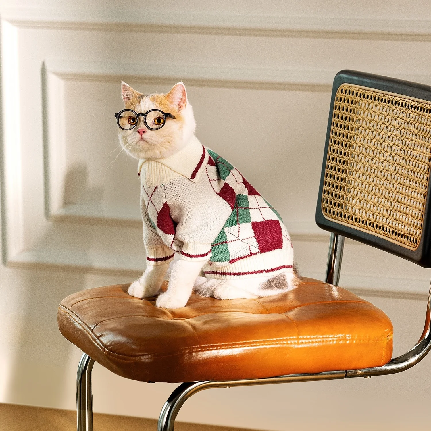 Suéter a cuadros de invierno para perros y mascotas, ropa cálida para caminar al aire libre, jersey de punto para perros, suéter polo para perros de estilo británico - imagen 4