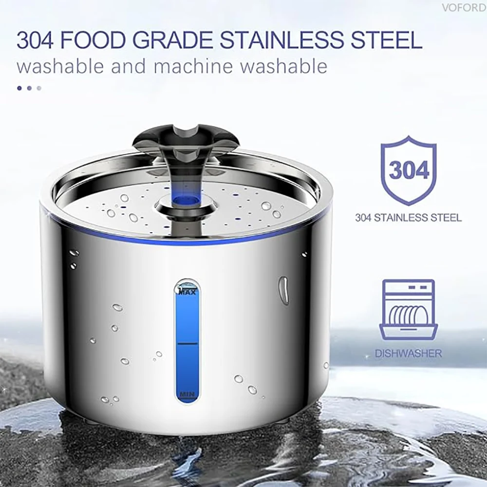 Fuente de agua para mascotas, bebedero automático de acero inoxidable 304 para gatos, dispensador de agua inteligente de 2,5l con ventana transparente
