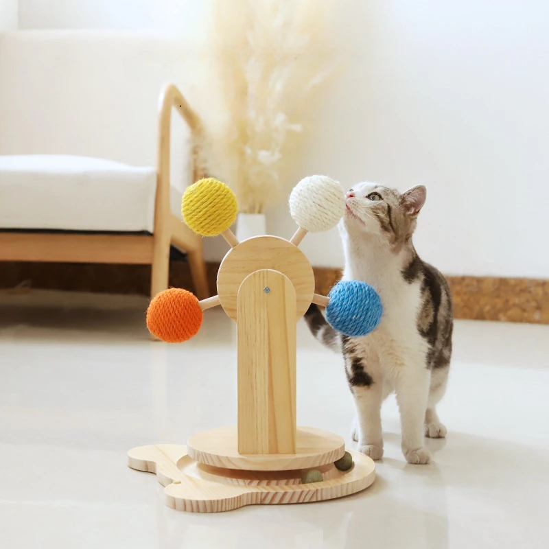Plato giratorio de madera para gatos, Bola de Sisal, Noria, tablero para rascar, suministros de muebles - imagen 3