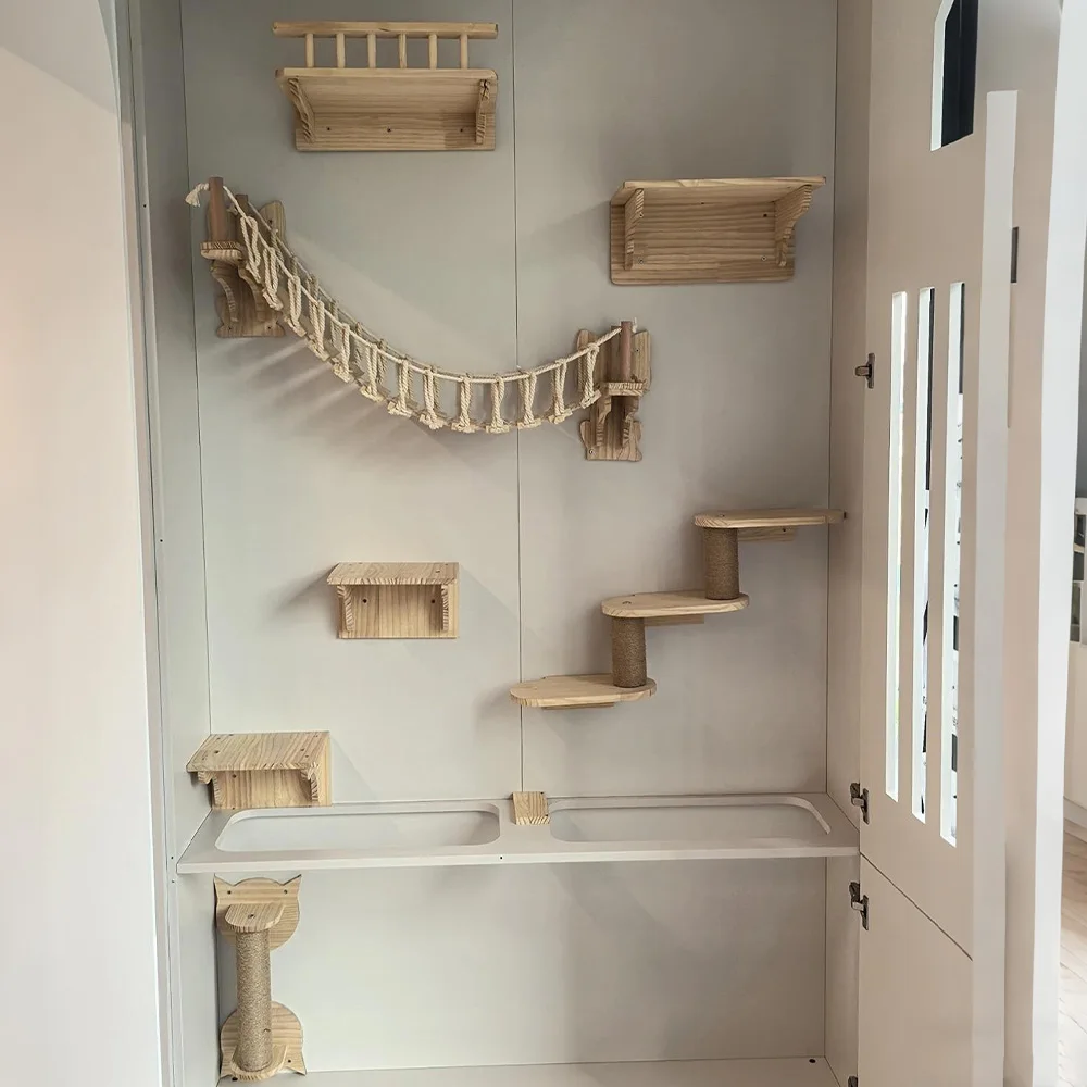 Centro de actividades para gatos montado en la pared, estantes de madera para gatos con escalones para rascar y hamaca colgante para gatos, muebles de pared para escalar - imagen 3