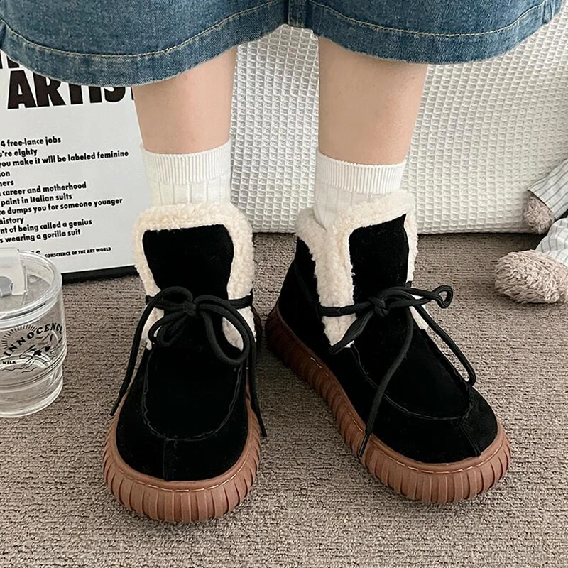 Botas de nieve de gamuza peluda con parte inferior gruesa para mujer, botines de piel esponjosa con cordones y plataforma gruesa, zapatos cálidos de felpa para mujer