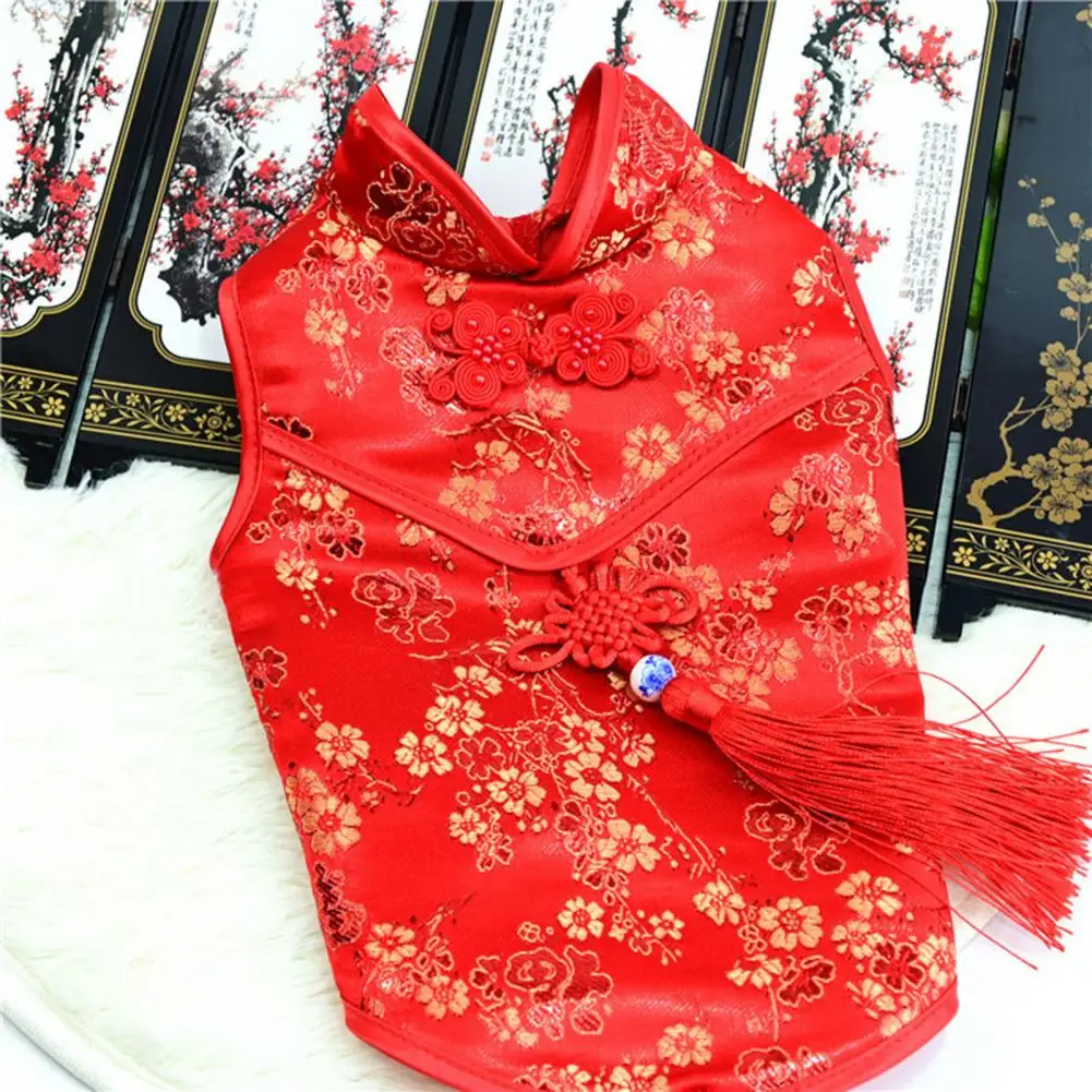 Pet Tang Suit Floral Print Chinese Style Dog Cheongsam Sleeveless Two-legged Coil Buttons Puppy Shirt Breathable Pet Clothes - imagen 2