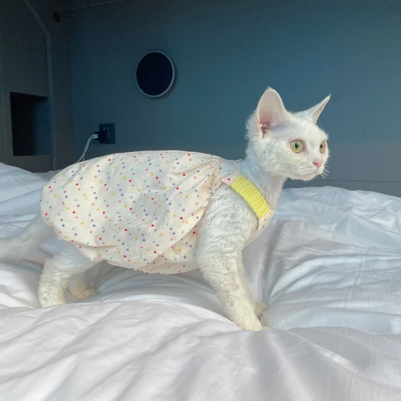 Falda Camisola Bubble para Gato Correa de Hombro Rosa Elástica de Verano para Sphynx Cat Vestido Princesa de Lunares Blancos con Collar - imagen 3