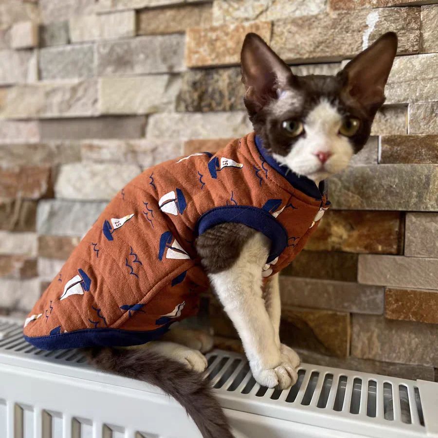 Chaqueta de invierno acolchada de algodón suave naranja para gato sin pelo Cálido cárdigan chaleco abotonado para Devon Rex Sphynx Cat Fashion Sudadera - imagen 5