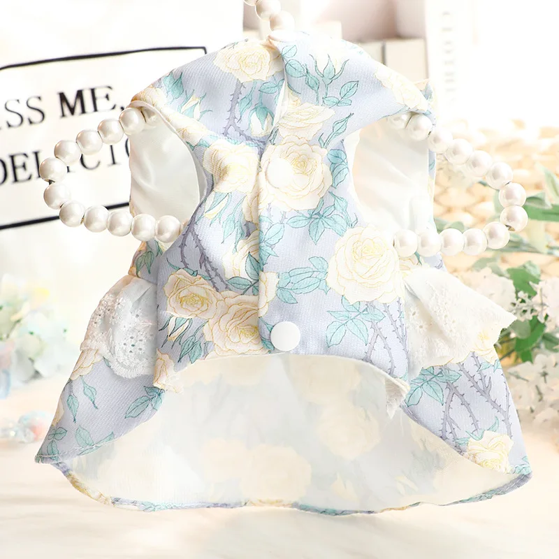 Vestido de princesa fino de primavera y verano, ropa con estampado Floral, falda con volantes y anillo en D para perros pequeños - imagen 4