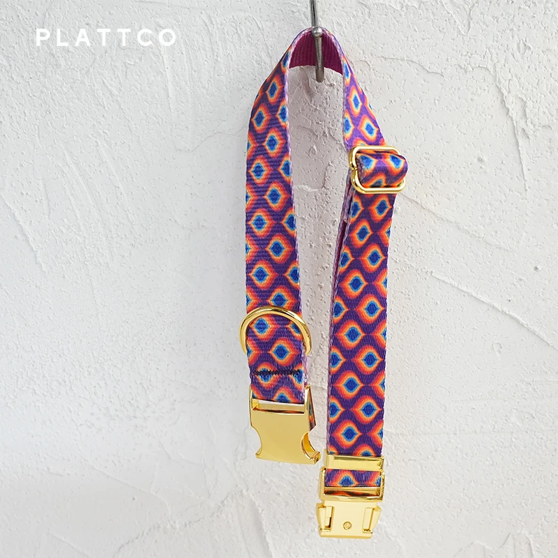 PLATTCO-collar de perro de diseño único con estampado de gemas de arcoíris, hebilla dorada de alta calidad, 5 tamaños, PDC362YG - imagen 2