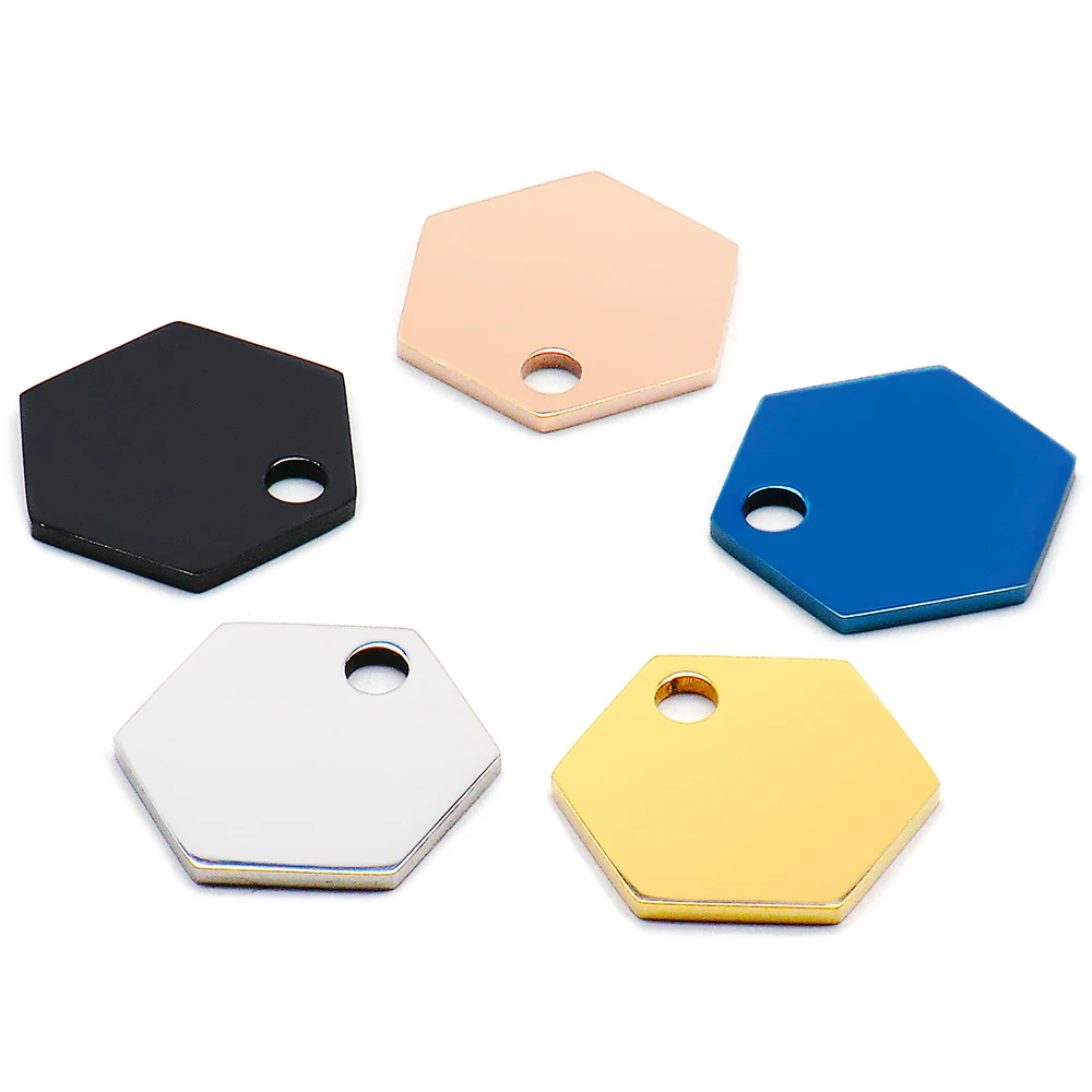 Venta al por mayor, 100 Uds., etiquetas de identificación para mascotas, colgante hexagonal de acero inoxidable, etiqueta para perro, agujero, placa de identificación personalizada, nombre de regalo, logotipo de teléfono para persona - imagen 4