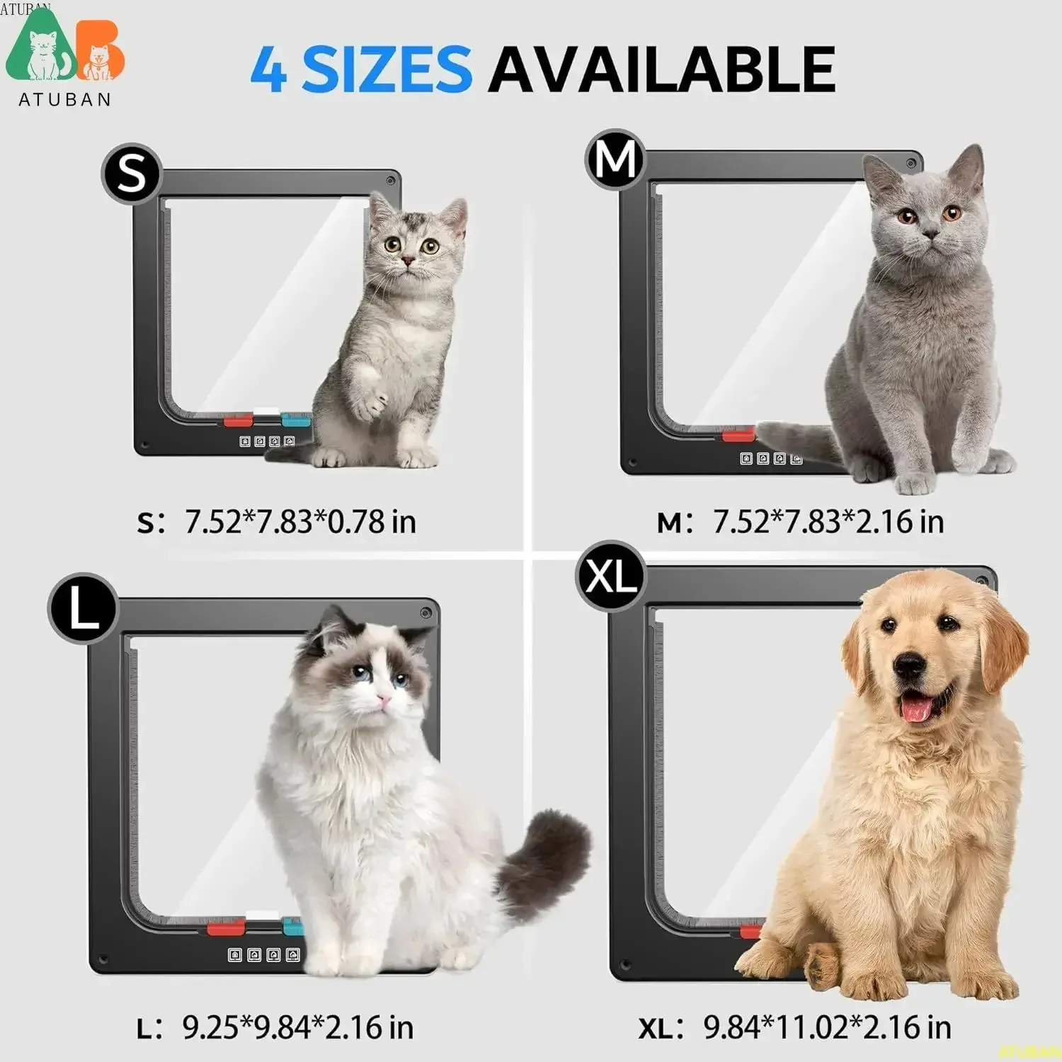 ATUBAN Aleta para puerta de gato, solapa para gato con bloqueo de 4 vías para puertas interiores y exteriores, puerta para mascotas resistente a la intemperie para gato/perrito para pared de puerta delgada - imagen 3