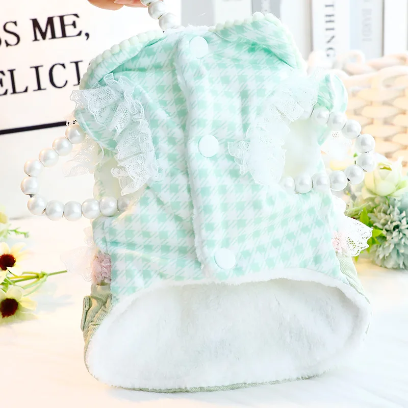 2025 nueva falda gruesa de princesa Otoño Invierno para perros pequeños gatos diseño vaquero a cuadros, ropa cálida para mascotas - imagen 4