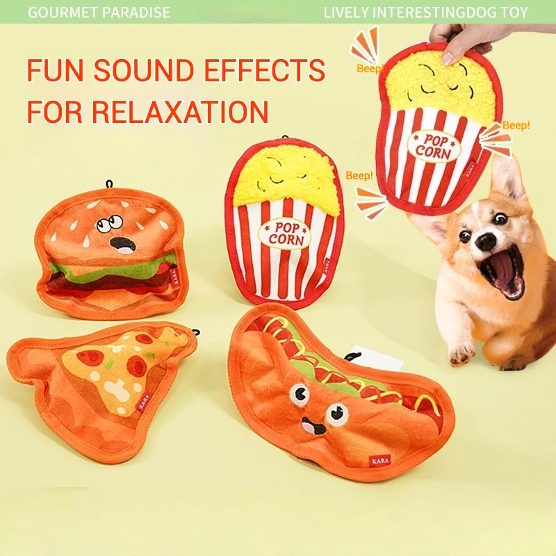 Lindos juguetes chirriantes para perros de comida rápida, hamburguesa masticable suave, Pizza, perro caliente, palomitas de maíz, juguete para perros, diseño seguro y duradero resistente a las mordeduras