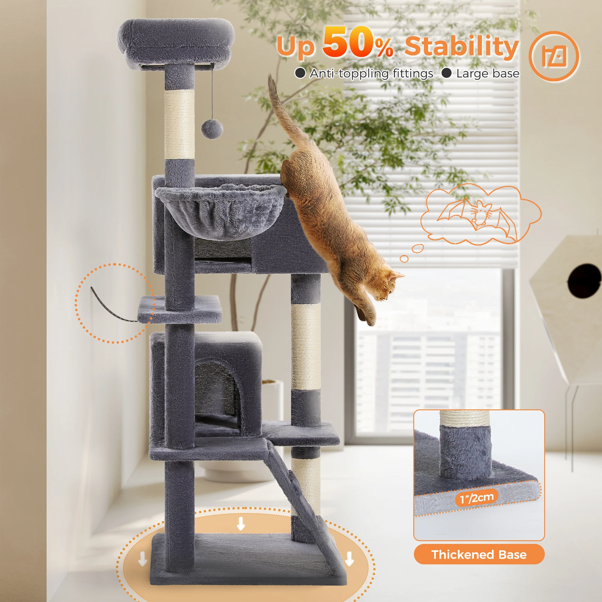 Árbol para gatos de varios niveles con hamaca, plataforma superior suave, condominios acogedores, torre grande para gatos, postes rascadores para gatos de interior, muebles para gatos - imagen 4