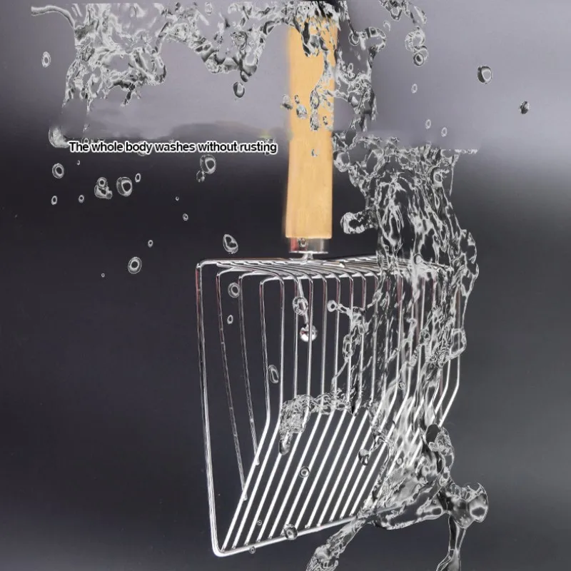 Pala de acero inoxidable para arena de gato, pala con mango de madera para limpieza de inodoro, suministros para mascotas - imagen 3