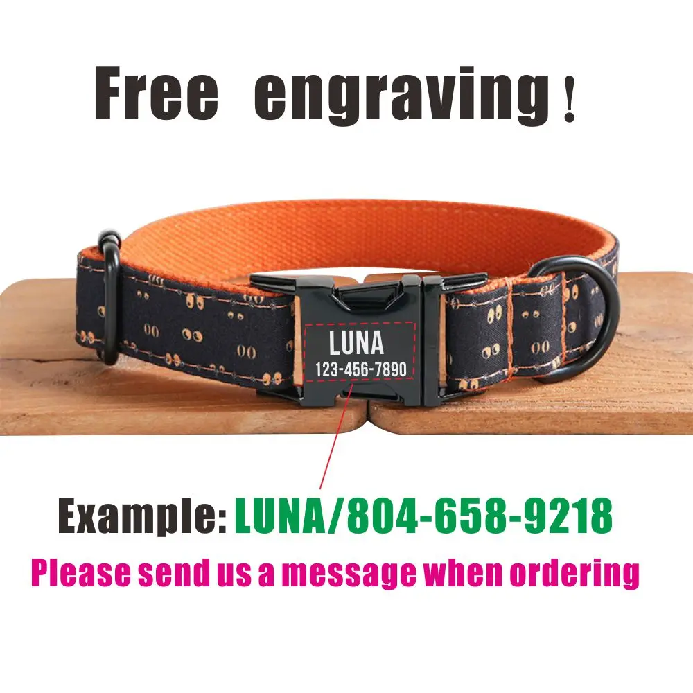 Collar de perro personalizado con grabado gratuito, correa para mascotas a juego, hebilla de Metal de contactos personalizados, Collar para cachorro con ojos de gato negros - imagen 4