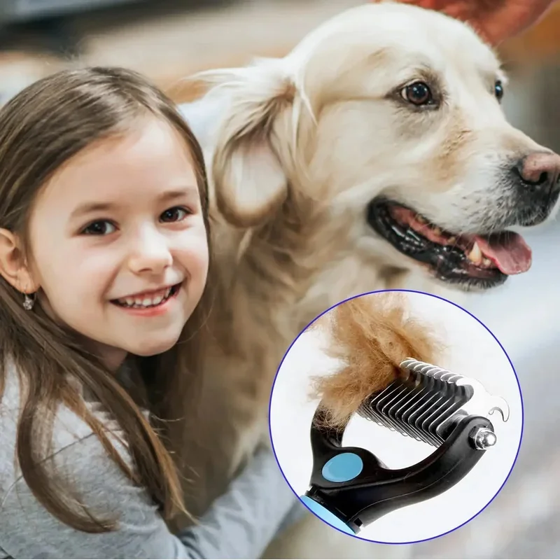Cepillo de deshedding para mascotas de doble cara: herramienta de aseo de acero inoxidable para desprendimiento y desmaste de perros - imagen 2