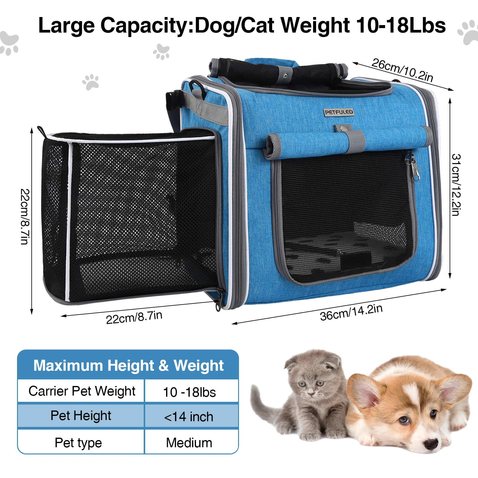 PETFULED-Cesta para bicicleta para perros o gatos, mochila transportadora para mascotas de lados blandos expandible con 4 puertas abiertas, portabicicletas plegable para perros, azul - imagen 5